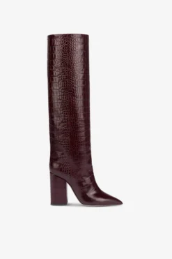 Paris Texas Knee-high Boots In Rouge Noir Soft Croco-embossed Leather