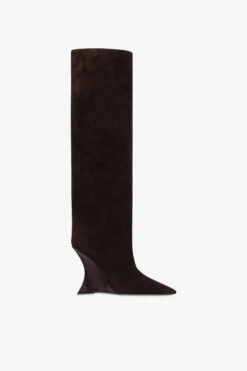 Boots In Chocolate Calf Suede Leather With Lizard Print Leather Heel