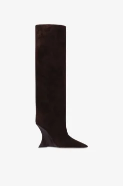 Boots In Chocolate Calf Suede Leather With Lizard Print Leather Heel