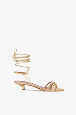 Lace-up Sandals In Gold Metallic Python-print Leather