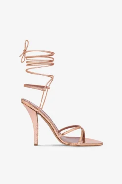 Lace-up Sandals In Rose Gold Metallic Python-print Leather