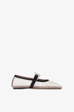 Ballet Flats In White Mesh And Black Croco-embossed Leather