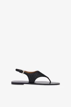 Sandals In Natural Raffia And Black Leather