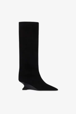 Boots In Black Calf Suede Leather With Lizard Print Leather Heel