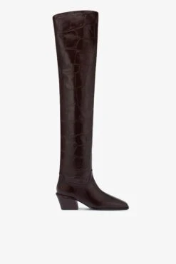 Over-the-knee Boots In Ebony Croco-embossed Leather
