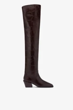 Over-the-knee Boots In Ebony Croco-embossed Leather