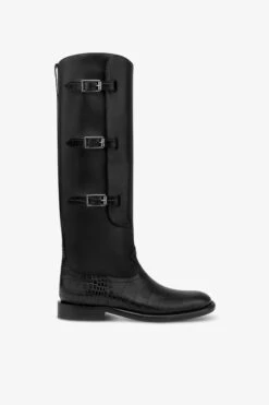 Boots In Black Calf Leather With Croco-embossed Details