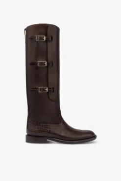 Boots In Ebony Calf Leather With Croco-embossed Details