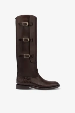 Boots In Ebony Calf Leather With Croco-embossed Details