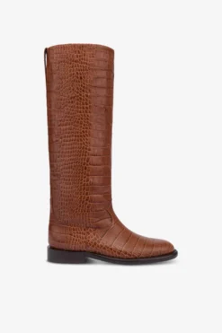 Boots In Chocolate Croco-embossed Leather