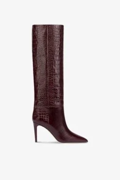 Paris Texas Pointed Knee-high Boots In Rouge Noir Soft Croco-embossed Leather